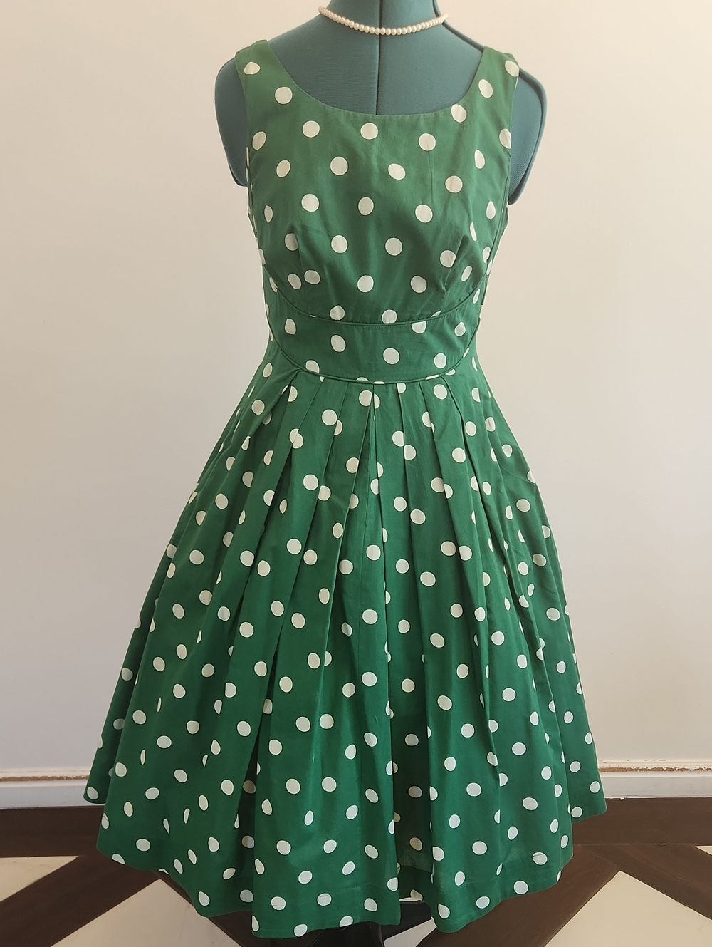 🍀Green Polka Dot Midi Dress with Full Skirt SZ S Uk 10 EU 38